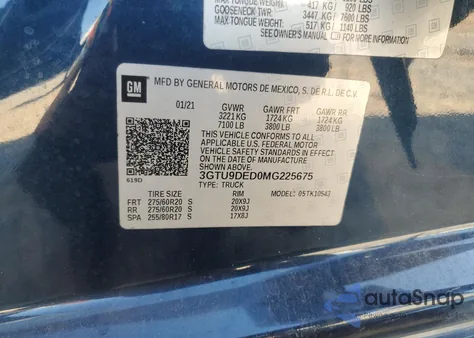 2021 GMC Sierra K1500 Slt z USA, uszkodzony, nr VIN 3GTU9DED0MG225675